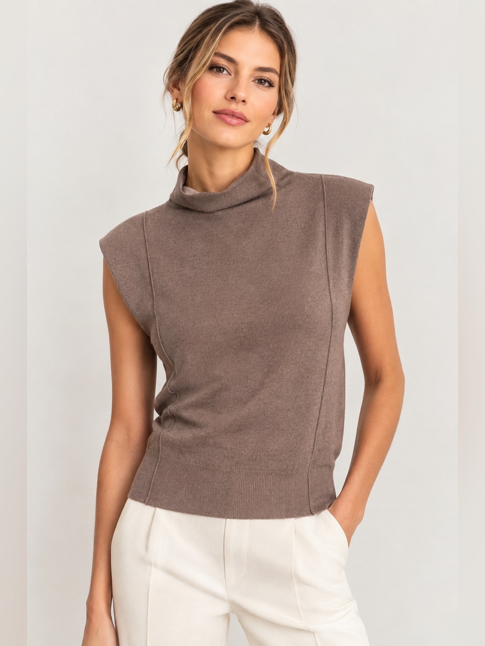 INDUSTRY Taupe/Mocha Sleeveless Mock Neck Knit Sweater Vest – Size Small